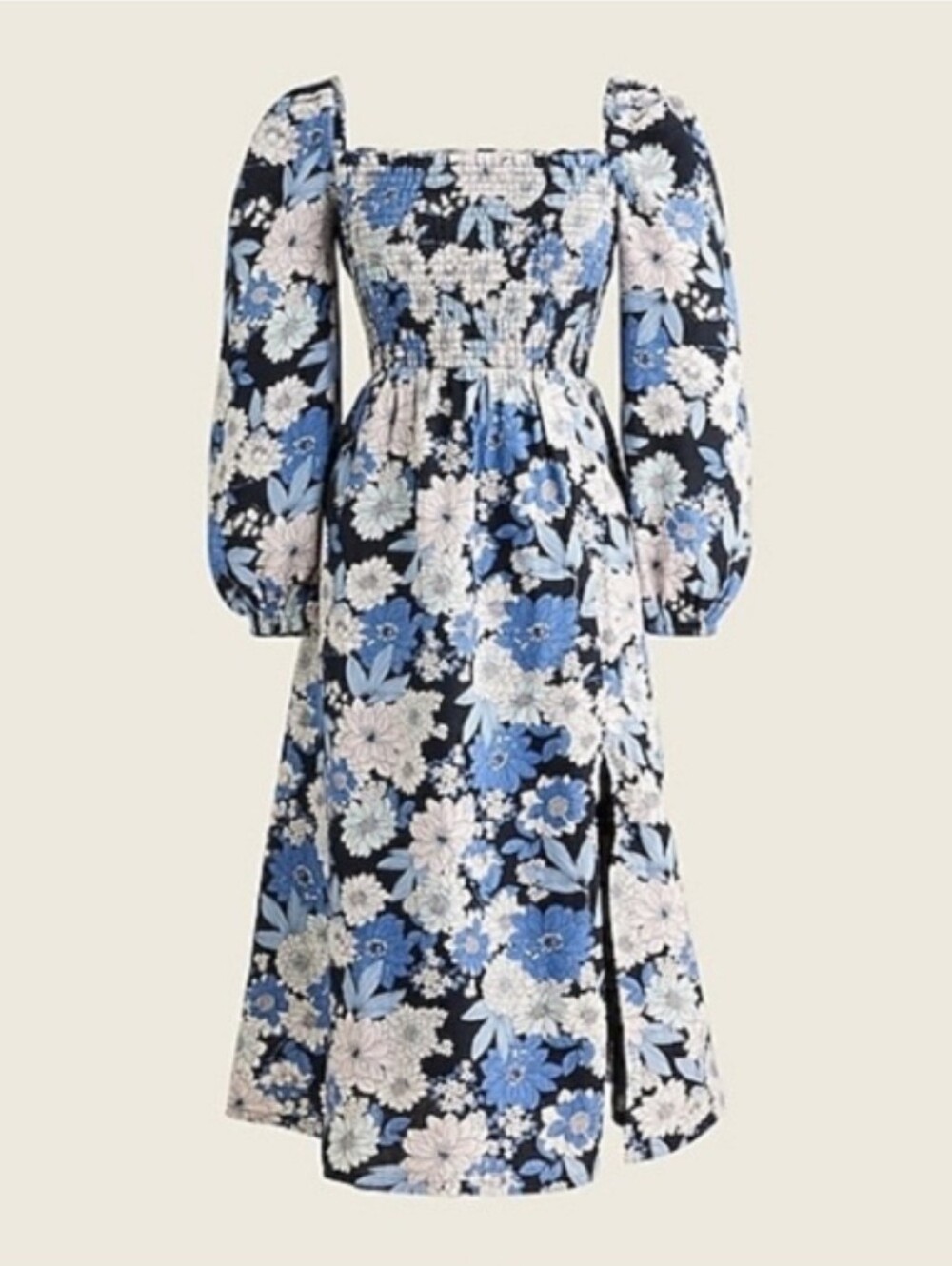 J. Crew 100% Linen Blue White Floral Smocked Puff Sleeve Midi Dress XS Zinnia